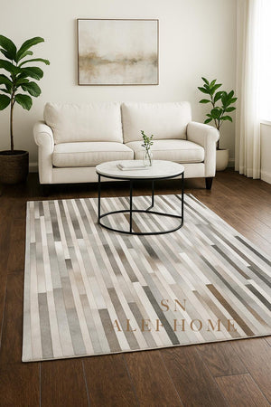 Handcrafted Grey Cowhide Rug 8x10 – Modern Striped Hair-On Leather Patchwork Carpet for Living Room - Alef home