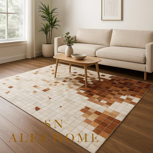 Geometric Mosaic Cowhide Rug – Rustic Handmade Hair-On Leather Patchwork Carpet for Home Décor - Alef home