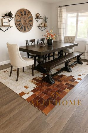 Geometric Mosaic Cowhide Rug – Rustic Handmade Hair-On Leather Patchwork Carpet for Home Décor - Alef home