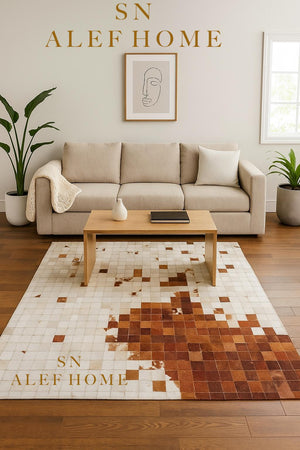 Geometric Mosaic Cowhide Rug – Rustic Handmade Hair-On Leather Patchwork Carpet for Home Décor