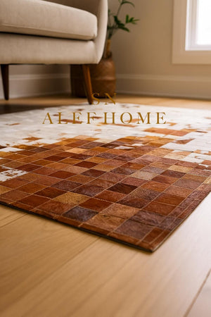 Geometric Mosaic Cowhide Rug – Rustic Handmade Hair-On Leather Patchwork Carpet for Home Décor - Alef home