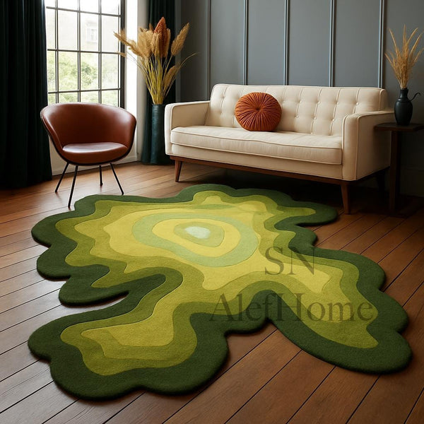 Hand-Tufted Green Wool Rug – Abstract Modern Area Carpet for Contemporary Living Room Décor - Alef home