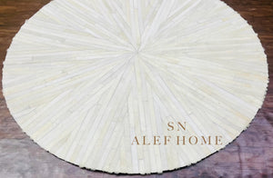 Ivory Round Cowhide Rug – Handmade Starburst Leather Patchwork Carpet for Modern Home Décor