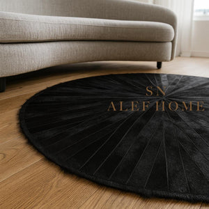 Handmade Black Cowhide Patchwork Rug: Hair-On Leather Carpet - Alef home