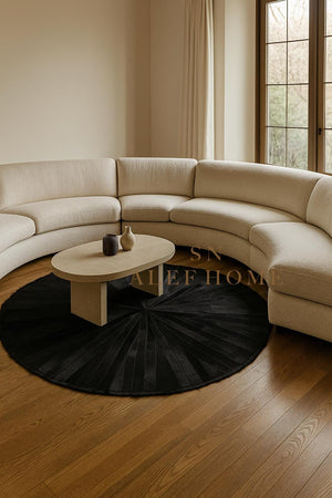 Handmade Black Cowhide Patchwork Rug: Hair-On Leather Carpet - Alef home