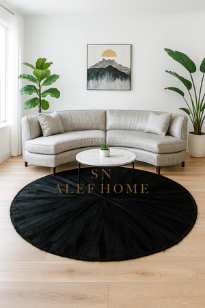 Handmade Black Cowhide Patchwork Rug: Hair-On Leather Carpet - Alef home