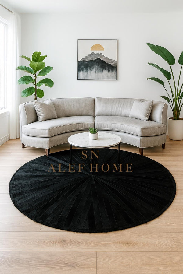 Handmade Black Cowhide Patchwork Rug: Hair-On Leather Carpet - Alef home