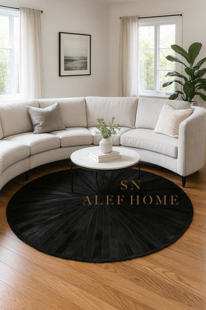 Handmade Black Cowhide Patchwork Rug: Hair-On Leather Carpet - Alef home