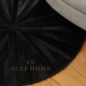 Black Leather Striped Patchwork Rug – Handmade Hair-On Cowhide Carpet for Contemporary Home Interiors - Alef home