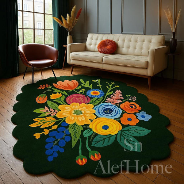 Green Floral Wool Rug – Hand-Tufted Cottagecore Carpet with Scalloped Edge for Living Room Decor - Alef home