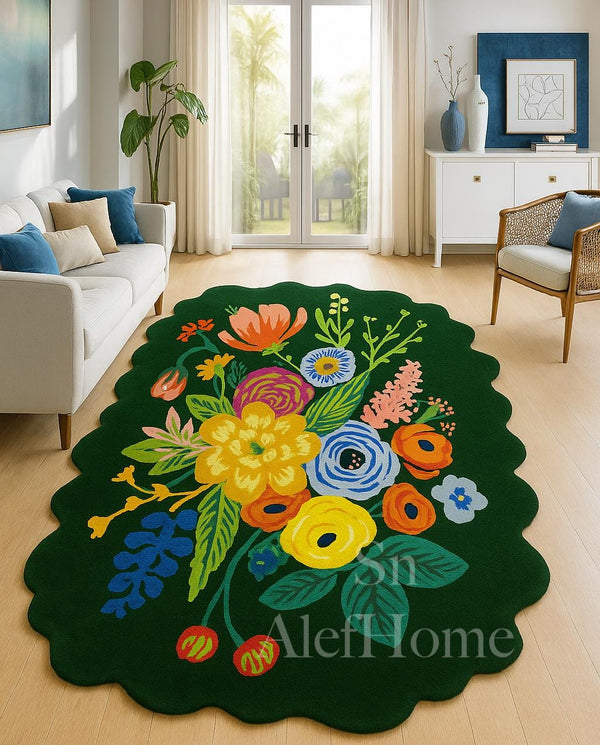 Green Floral Wool Rug – Hand-Tufted Cottagecore Carpet with Scalloped Edge for Living Room Decor - Alef home