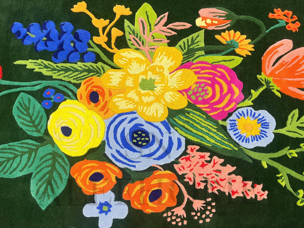 Green Floral Wool Area Rug – Hand-Tufted Cottage core Scalloped Carpet for Home Décor - Alef home