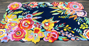 Navy Blue Floral Wool Rug – Hand-Tufted Carpet with Scalloped Edge for Home Décor