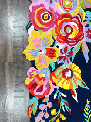 Navy Blue Floral Wool Rug – Hand-Tufted Carpet with Scalloped Edge for Living Room Decor - Alef home