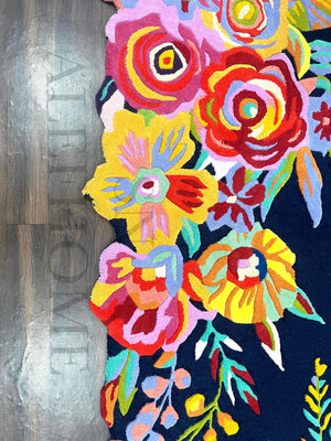 Navy Blue Floral Wool Rug – Hand-Tufted Carpet with Scalloped Edge for Home Décor