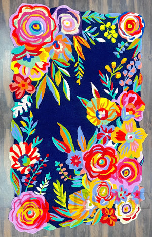 Navy Blue Floral Wool Rug – Hand-Tufted Carpet with Scalloped Edge for Home Décor