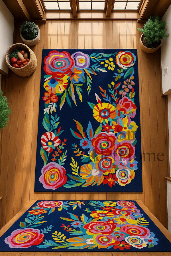 Navy Blue Floral Wool Rug – Hand-Tufted Carpet with Scalloped Edge for Living Room Decor - Alef home