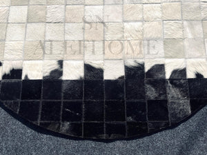 Round Cowhide Patchwork Rug – Handmade Black White Natural Hair-On Leather Carpet for Home Decor - Alef home