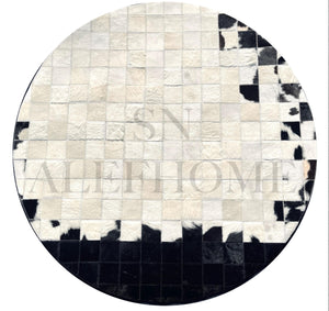 Round Cowhide Patchwork Rug – Handmade Black White Natural Hair-On Leather Carpet for Home Decor - Alef home
