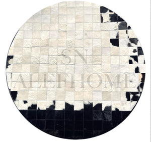 Handmade Round Cowhide Patchwork Rug: Black, White, and Natural Hair-On Leather Carpet - Alef home