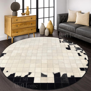 Round Cowhide Patchwork Rug – Handmade Black White Natural Hair-On Leather Carpet for Home Decor - Alef home