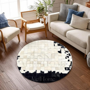 Round Cowhide Patchwork Rug – Handmade Black White Natural Hair-On Leather Carpet for Home Decor - Alef home