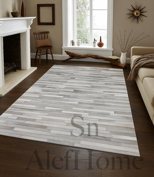 Grey Cowhide Patchwork Area Rug – Handmade Hair-On Leather Carpet for Modern Home Room Decor - Alef home