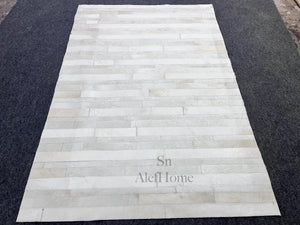 Ivory White Striped Cowhide Rug: Handmade Patchwork Hair-On Leather Carpet For Home