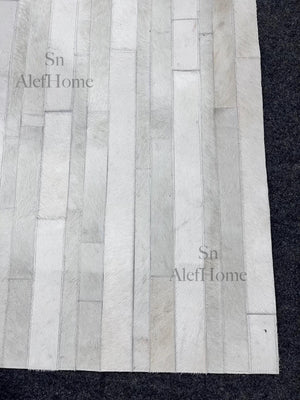 Ivory White Striped Cowhide Rug – Handmade Hair-On Patchwork Leather Area Carpet for Modern Home - Alef home