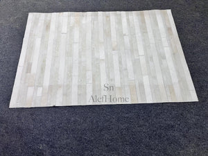 Ivory White Striped Cowhide Rug – Handmade Hair-On Patchwork Leather Area Carpet for Modern Home - Alef home