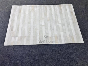 Ivory White Striped Cowhide Rug: Handmade Patchwork Hair-On Leather Carpet For Home