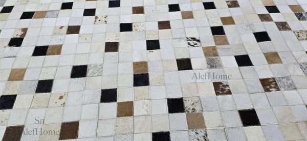 Multicolor Checkerboard Cowhide Rug – Handmade Hair-On Leather Patchwork Carpet for Home - Alef home
