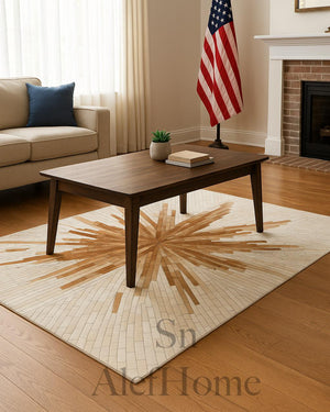 Cowhide Patchwork Area Rug: Natural Brown & White Hair-On Leather - Alef home