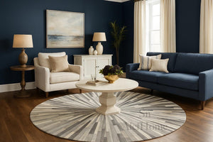 Handmade Starburst Cowhide Rug: Round Patchwork Leather Carpet with Wool Backing - Alef home