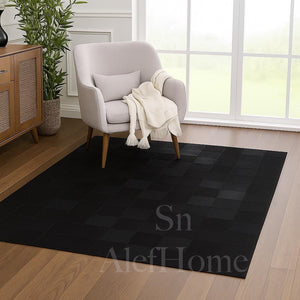 Handmade Black Cowhide Patchwork Rug: Modern Hair-On Leather Carpet - Alef home
