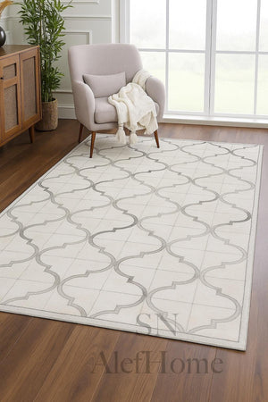 White Cowhide Patchwork Rug – Geometric Hair-On Leather Statement Carpet for Modern Home Décor