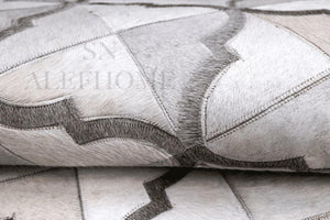 White Cowhide Patchwork Rug – Geometric Hair-On Leather Statement Carpet for Modern Home Décor