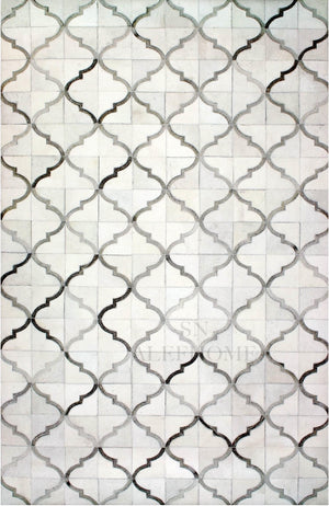 White Cowhide Patchwork Rug – Geometric Hair-On Leather Statement Carpet for Modern Home Décor