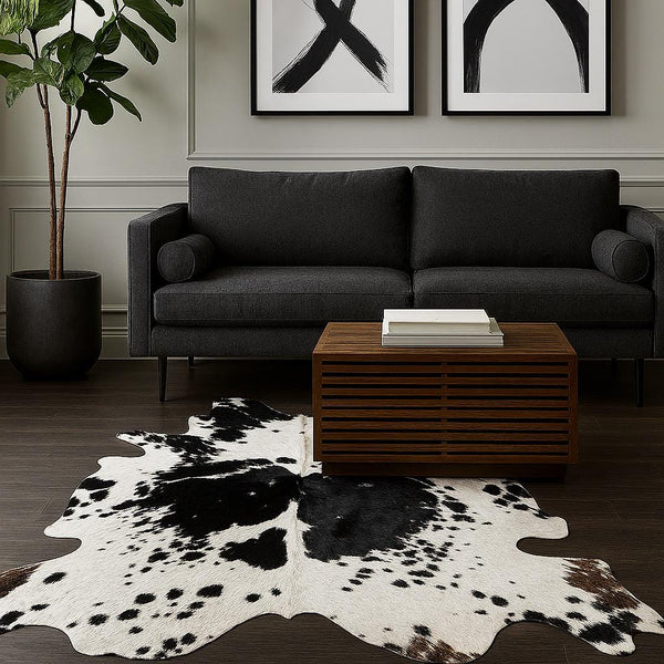 Black and White Cowhide Rug – Natural Hair-On Leather Patchwork Carpet, Ethically Sourced Décor - Alef home