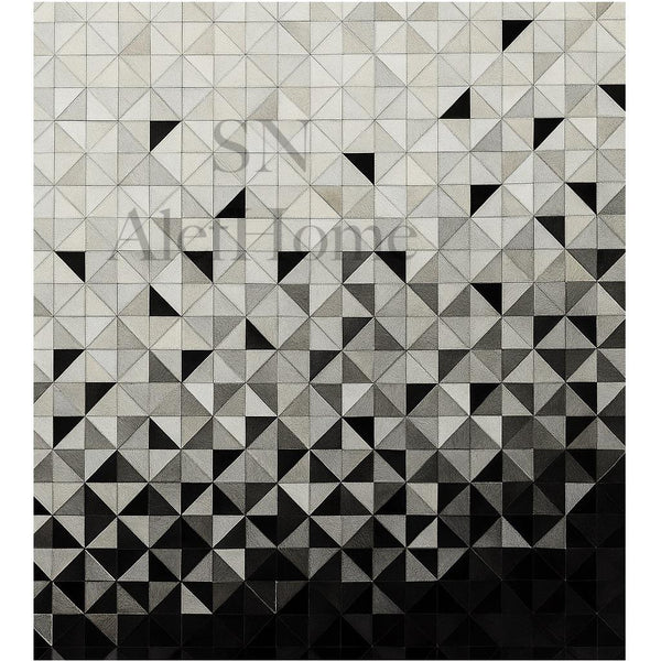 Large Black and White Cowhide Rug: Geometric Patchwork, Handmade 9.9x14 - Alef home