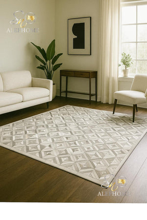 Grey Cowhide Patchwork Rug – Handmade Geometric Hair-On Leather Carpet for Modern Home Decor - Alef home