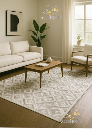 Handmade Grey Cowhide Patchwork Area Rug: Geometric Hair-On Leather Carpets For Home - Alef home