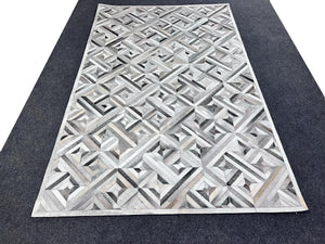 Grey Cowhide Patchwork Rug – Handmade Geometric Hair-On Leather Carpet for Modern Home Decor - Alef home