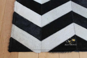 Black and White Cowhide Rug – Handmade Hair-On Leather Patchwork Chevron Design Carpets - Alef home
