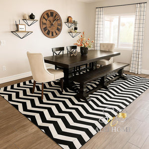 Black and White Cowhide Rug – Handmade Hair-On Leather Patchwork Chevron Design Carpets - Alef home