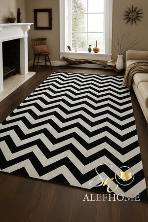 Black and White Cowhide Rug – Handmade Hair-On Leather Patchwork Chevron Design Carpets - Alef home