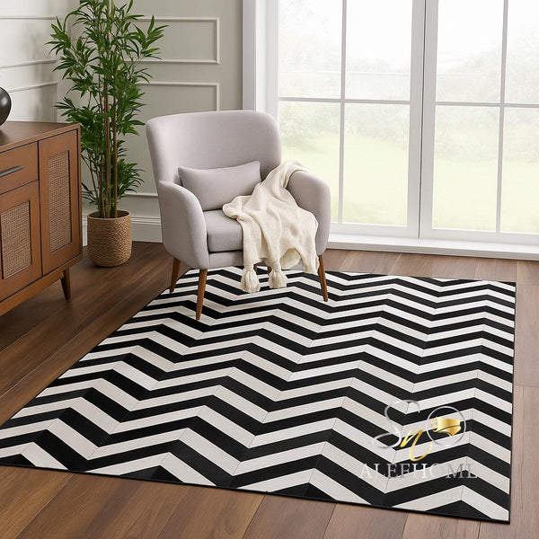 Black and White Cowhide Rug – Handmade Hair-On Leather Patchwork Carpet in Checkerboard Area Design - Alef home