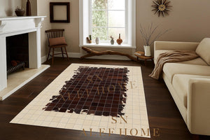 Handmade Geometric Cowhide Rug – Rustic Hair-On Patchwork LeatherCarpet for Home Decor