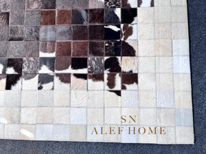 Handmade Geometric Cowhide Rug – Rustic Hair-On Patchwork LeatherCarpet for Home Decor - Alef home