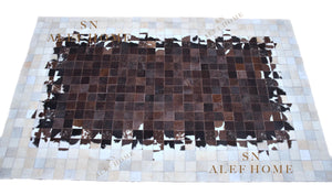 Handmade Geometric Cowhide Rug – Rustic Hair-On Patchwork LeatherCarpet for Home Decor